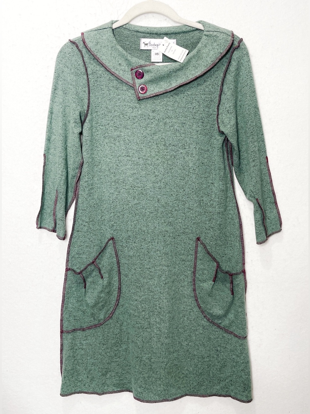 Beebop & Wally New York Sage Green Sweater  Dress Contrast Stitching Pockets XS